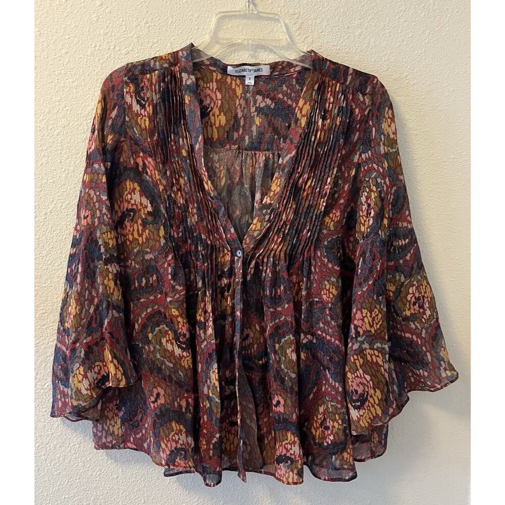 ELIZABETH AND JAMES Top Womens Sm Metallic Silk Blend Paisley Boho Peasant Chic